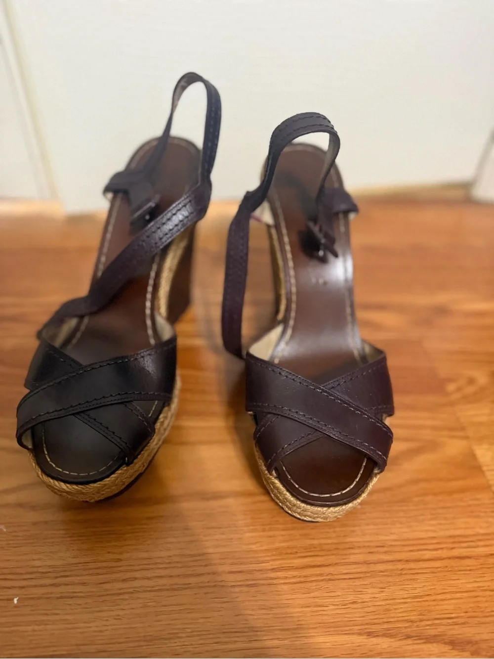 Christian Louboutin Dark Brown Leather Wedge Sandals with Rope Trim